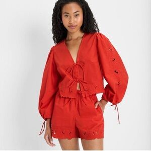 Red Tie Front Eyelet Blouse – Long Sleeve Boho Top – Size L – NWT